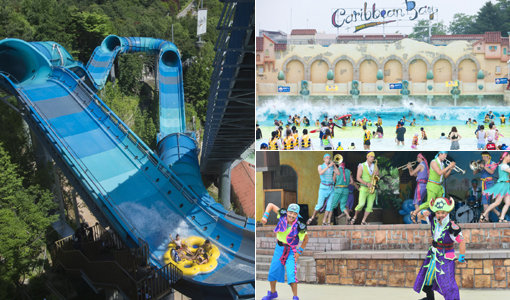 ‘규모가 남다른 워터파크의 맏형.’(위부터 시계방향) 캐리비안 베이가 자랑하는 하이브리드 어트랙션 ‘메가스톰’의 웅장한 모습, 시원스런 인공 파도와 이국적인 조형물이 휴양지 바닷가에 온 것 같은 착각을 일으키는 야외 파도풀, 보물을 두고 해적과 해골 유령의 싸움을 유쾌하게 묘사한 뮤지컬 ‘트레저 헌터’ 사진제공｜캐리비안 베이