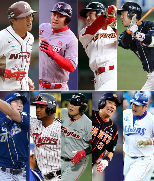 넥센 김하성, SK 정의윤, SK 김성현, 두산 허경민, 삼성 최형우, 롯데 손아섭, 한화 김태균, LG 히메네스, NC 나성범(왼쪽 상단부터 시계방향으로). 사진제공｜스포츠코리아·스포츠동아DB