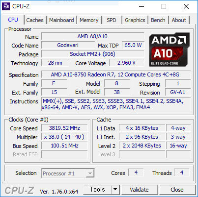 CPU-Z로 살펴본 A10-8750 APU의 정보 (출처=IT동아)