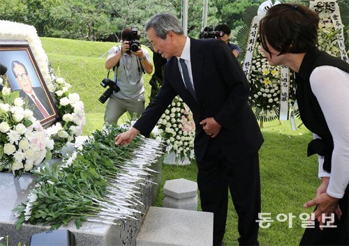 정몽준 아산재단 이사장 부부가 정인영 명예회장의 10주기를 맞아 헌화를 하고 있다. 양평=전영한 기자 scoopjyh@donga.com