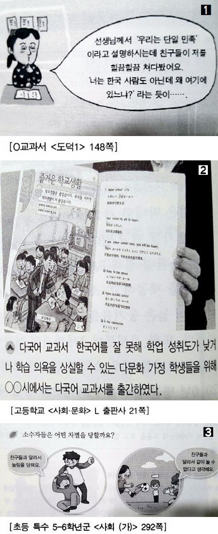 인권 친화적 교과서 개발 연구진으로부터 다문화 청소년에 대한 부정적 인식을 강화한다고 지적받은 초중고교 교과서에 나온 삽화들. 
연구진은 [1] “너는 한국 사람도 아닌데 왜 여기에 있느냐?” [2]“한국어를 잘 못해 학업 성취도가 낮거나 학습 의욕을 상실할
 수 있는 다문화 가정 학생들” [3] “친구들과 달라서 놀림을 당해요”라는 표현이 다문화 청소년에게 심리적 상처가 될 수 있다고
 지적했다. 국가인권위원회 제공