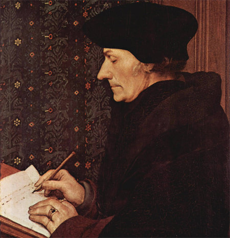 한스 홀바인 2세 ‘글을 쓰는 에라스뮈스’(1523년). 홀바인은 인문학자 에라스뮈스의 개혁사상을 열렬히 지지했다. 어바웃어북 제공