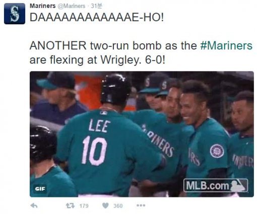 이대호의 시즌 13호 홈런 소식을 발빠르게 전한 시애틀 소셜 미디어.