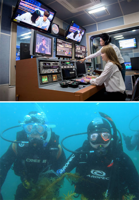 한국영상대 학생들이 실습실(위 사진)과 수중(아래래 사진)에서 각각 연출 실습과 수중 촬영 교육을 받고 있다. 한국영상대 제공