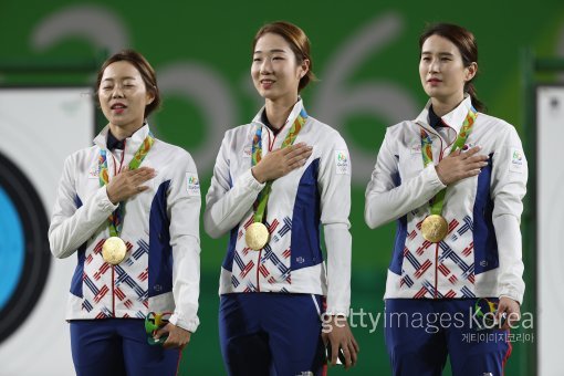 올림픽 여자양궁대표 장혜진-최미선-기보배(왼쪽부터). 사진=ⓒGettyimages이매진스