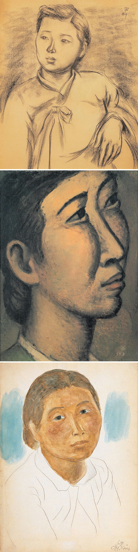 김종영 작가가 1949년 그린 목탄 드로잉, 1955년 4월 완성한 유채화 ‘부인’, 1967년 연필과 수채물감으로 그린 드로잉(맨위부터). 모델이 된 아내의 이미지가 세월과 함께 변했다. 김종영미술관 제공