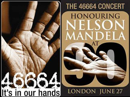 넬슨 만델라 기념 콘서트 포스터. 46664는 만델라의 수감자 번호를 뜻한다.