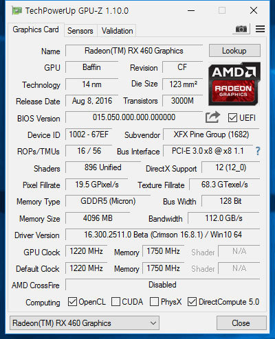 GPU-Z로 살펴본 XFX 라데온 RX 460 (출처=IT동아)