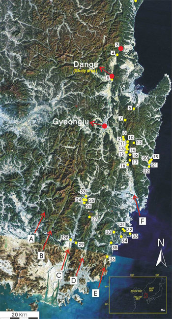 한반도에서 발견된 단층 지대. 현재까지 60여 개가 발견됐으며 수렴단층처럼 동해안 지역에서 주로 발견된다. 사진 출처 한국지질학회지