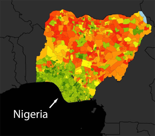 미국 스탠퍼드대 마셜 버크 교수팀이 인공위성 영상을 인공지능 기술로 분석해 2012∼2015년 나이지리아의 지역별 1인당 하루 평균 지출액을 추정한 결과. 1.5∼8달러(약 1660∼8880원)를 빨간색부터 녹색에 이르는 색깔로 나타냈다. 짙은 빨간색으로 표시된 지역이 ‘국제 빈곤선’인 1.92달러(약 2130원)에 못 미치는 극빈 지역이다. 사이언스 제공