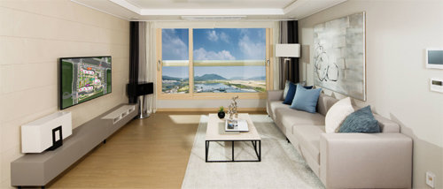 세종시 다정동 2-1생활권 H1블록 ‘세종 지웰 푸르지오’ 아파트 전용면적 74㎡B형의 거실 모습. 단지 대부분이 남향으로 놓여 채광과 통풍이 우수할 것으로 기대된다. 신영 제공