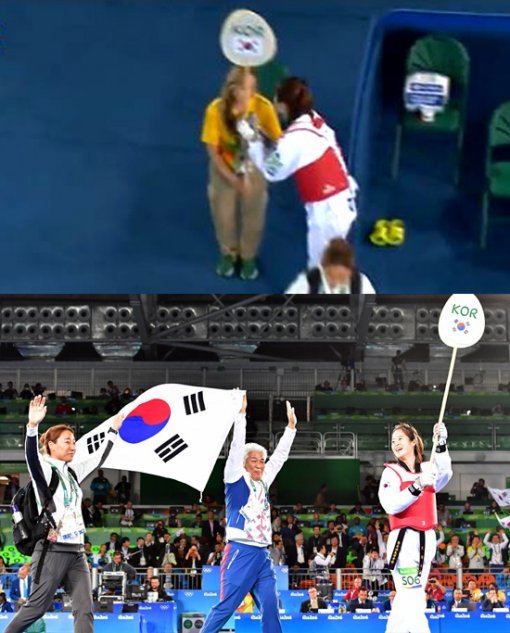 태권도 여자 -67kg 오혜리 선수가 우승 후 입장 세리머니를 펼치고 있다.