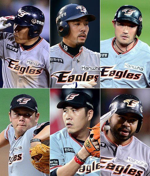 한화 정근우-이용규-송광민-로사리오-권혁-송창식(왼쪽 상단부터 시계방향으로). 스포츠동아DB