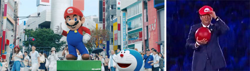 리우데자네이루 올림픽 폐막식에서 차기 개최지인 일본 도쿄가 선보인 동영상에 등장하는 일본 인기 캐릭터들. 왼쪽 사진은 마리오(가운데)와 도라에몽(오른쪽). 일본은 폐막식에 참석한 아베 신조 총리가 도쿄에서 리우까지 연결된 배관 파이프를 타고 나타난다는 내용을 동영상에 담았다(오른쪽 사진). TV 화면 캡처