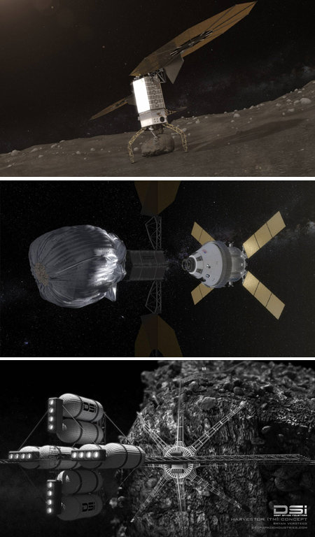 미국항공우주국(NASA)이 계획하고 있는 ‘소행성궤도변경임무(ARM)’를 나타낸 상상도(가운데). 원통형의 그물망에 소행성 조각을 넣어 달 궤도까지 끌고 온다. ARM 과정에서 소행성 표면에 있는 지름 3m 내외의 바위를 포획하는 모습(맨위쪽). 미국의 우주기업 ‘딥 스페이스 인더스트리’가 구상 중인 광물 채굴용 우주선 ‘하비스터’(맨아래). 미국항공우주국 제공