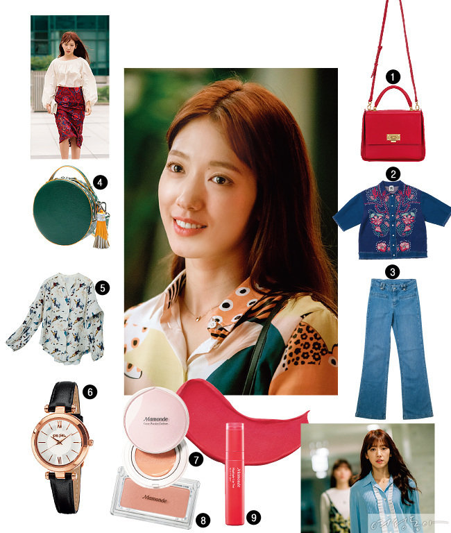 1 골드 포인트 레드 컬러 숄더백. 가격미정 체사레파치오티.2 니트와 데님 소재가 조화를 이룬 플라워 패턴 블라우스. 1백4만원 미쏘니.3 레트로 무드 데님 부츠컷 팬츠. 29만9천원 끌로디피에로.4 테슬 장식 라운드 백. 가방 28만원 테슬 12만원 듀벳. 5 러플 디테일이 여성스러운 프린트 블라우스. 가격미정 지컷.6 로즈골드 프레임과 레더 스트랩의 조화가 고급스러운 손목시계. 28만5천원 폴리폴리.7 마몽드 커버 파우더 쿠션 50+ PA+++ 커버력이 뛰어나고 보송하게 마무리된다. 15g x 2 3만원대.8 마몽드 비비드 터치 블러셔 4호 코스모스 화사한 컬러와 은은한 펄이 입체감 있는 얼굴을 만들어준다. 5.5g 7천5백원.9 마몽드 하이라이트 립틴트 6호 핀스폿 선명한 발색이 특징. 내장된 브러시를 사용하면 쉽게 양 조절이 가능하다. 4g 1만1천원대.