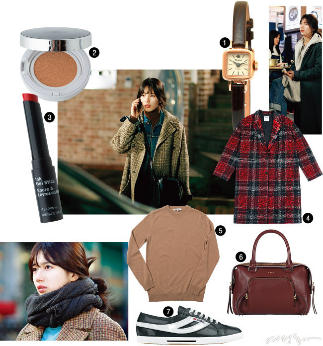 1 슬림하고 미니멀한 디자인의 브라운 스트랩 워치. 48만5천원 로즈몽by갤러리어클락. 2 더페이스샵 씨씨 울트라 모이스트 쿠션 SPF50+ PA+++ 히알루론산과 7가지 플라워 오일을 함유, 촉촉한 광채 피부를 완성한다. 15g 2만원.3 더페이스샵 잉크젤스틱 잉크레드 바르는 즉시 입술에 녹아드는 듯한 부드러운 사용감이 특징. 맑고 선명한 발색이 돋보인다. 1.5g 1만4천원.4 박시한 스타일의 체크 패턴 코트. 가격미정 DKNY.5 베이식한 디자인의 캐시미어 니트. 37만5천원 더 캐시미어.6 브라운 컬러 레더 숄더 백. 가격미정 DKNY.7 블랙 컬러 레더 스니커즈. 7만5천원 수페르가.