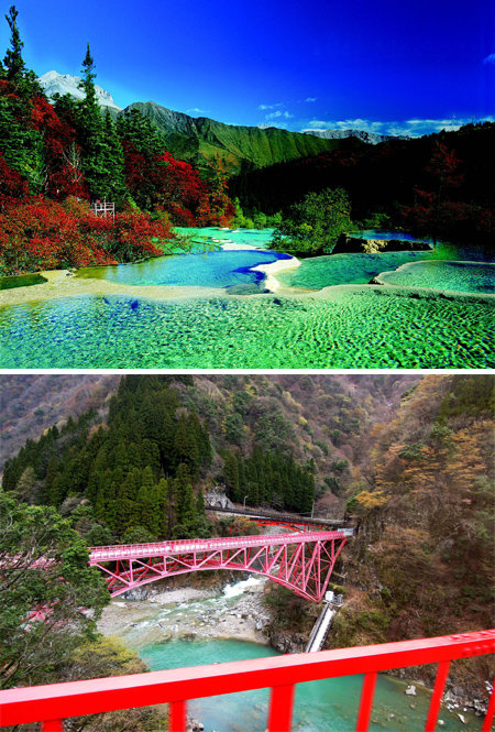 중국 주자이거우 황룽 풍경구(위 사진)는 카르스트 지형과 단풍이 어우러져 환상적인 풍경을 연출한다. 일본의 3대 명산 중 하나인 다테야마도 단풍 명소다. 롯데관광·하나투어 제공