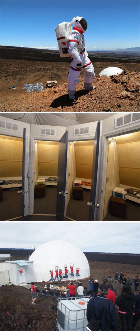 과학자들은 안정적인 화성 탐사를 위해 장기간 고립 훈련을 진행한다. 모의 화성기지에서 생활하는 ‘하와이 우주탐사 아날로그 시뮬레이션(HI-SEAS)’ 실험에 참가한 올레그 아브라모프 미국지질조사소 연구원이 기지 옆에 서 있다(맨위쪽 사진). 모의 기지 2층엔 연구원들의 개인공
간 및 침실이 마련돼 있다(가운데 사진). 2013년 6월 13일 세 번째 HI-SEAS 실험을 마치고 나온 연구원들이 돔 앞에서 포즈를 취하고 있다. Angelo Vermeulen, Sian Proctor, 하와이대 제공