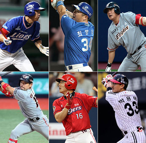 삼성 구자욱, 삼성 최형우, 한화 김태균, LG 박용택, KIA 김주찬, 한화 이용규. 사진제공｜스포츠코리아·스포츠동아DB