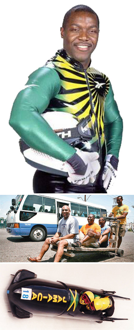 자메이카 봅슬레이 대표팀 주장 데번 해리스가 캘거리 올림픽을 앞두고 찍은 프로필 사진(맨위쪽). 당시 자메이카에는 썰매 경기장이 없어 이들은 아스팔트 위에서 바퀴가 달린 썰매를 끌고 연습했다(가운데). 이들은 경기 중반 썰매가 뒤집히는 사고로 결국 30위에 그쳤다. 동아일보DB·인터넷 캡처