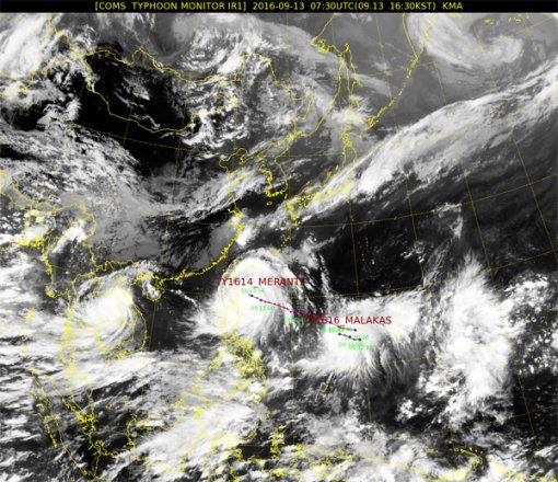 천리안 위성이 촬영한 태평양 태풍 영상. 14호 태풍 ‘므란티(Meranti)와 16호 태풍 말라카스가 보인다.