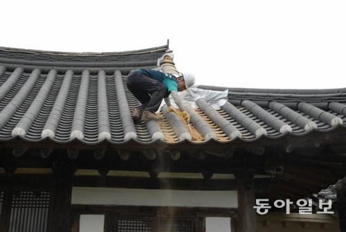 경북문화재돌봄사업단 기술자가 지진 피해를 입은 경주시 외동읍 수봉정의 지붕 기와를 응급복구하고 있다. 이권효 기자 boriam@donga.com