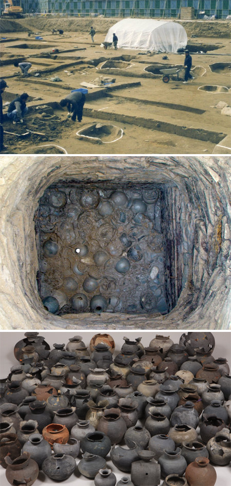 권오영 교수의 한신대 발굴팀이 2000년 경당지구에서 발굴 작업을 하는 모습(맨위 사진). 2008년 재발굴에서 실체가 드러난 우물터(가운데)에서 총 200여 개에 이르는 백제시대 완형 토기들(맨 아래)이 출토됐다. 한신대 박물관 제공