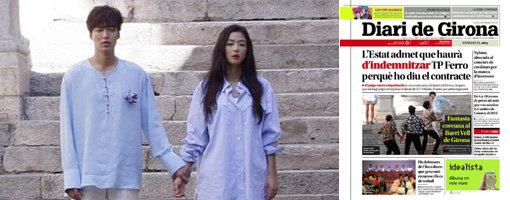 스페인에서 SBS 드라마 ‘푸른 바다의 전설’ 촬영에 한창인 배우 전지현과 이민호.(왼쪽 사진) 현지 매체도 한류 톱스타의 스페인 로케 소식을 비중 있게 소개했다. 사진출처｜데일리 지로나 홈페이지