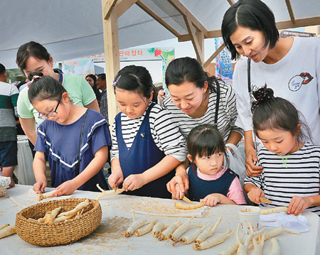 가족단위 관람객들이 충남 금산군 금산읍에 마련된 인삼축제장에서 인삼깎이 체험을 하고 있다. 금산군 제공
