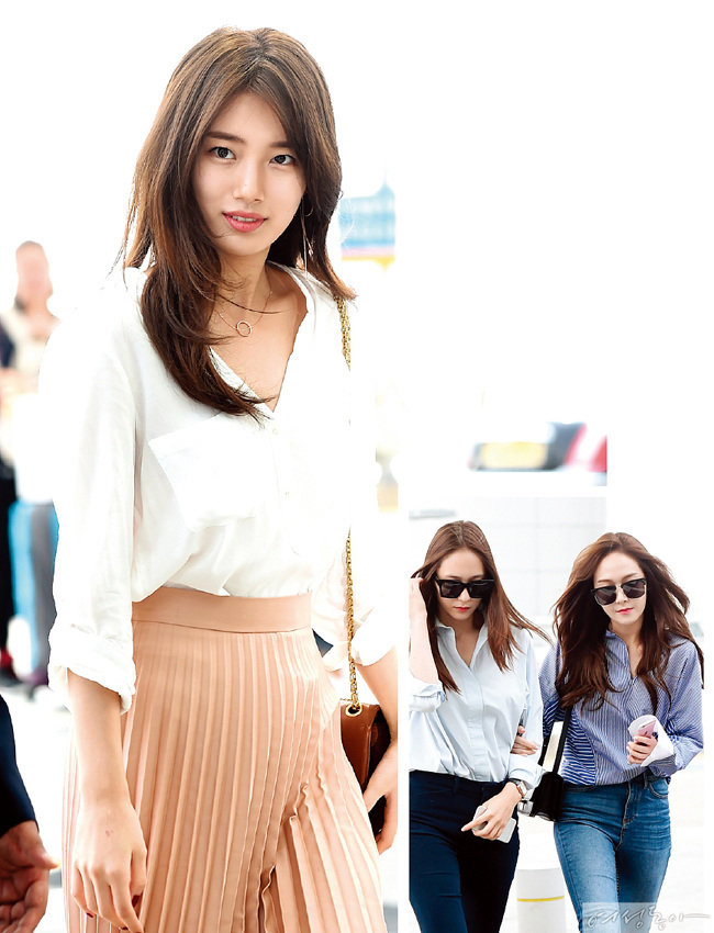 (왼)화이트 셔츠와 플리츠 스커트의 조합으로 레이디라이크 룩을 연출한 수지. 성숙미가 물씬 느껴진다.  (오)해외 스케줄을 위해 공항을 찾은 정자매. 셔츠와 스키니 팬츠로 트윈 룩을 연출했다.