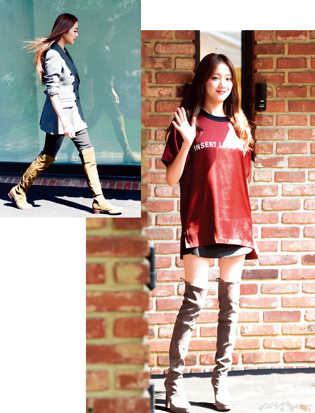(왼)가을의 정취를 온몸으로 느끼는 김효진 포착. 더블 브레스트 재킷과 슬랙스에 매치한 롱부츠의 조화가 훌륭하다.(오)마른 단풍잎 컬러 티셔츠에 빈티지한 그레이 사이하이 부츠를 신어 가을 분위기를 낸 이성경.