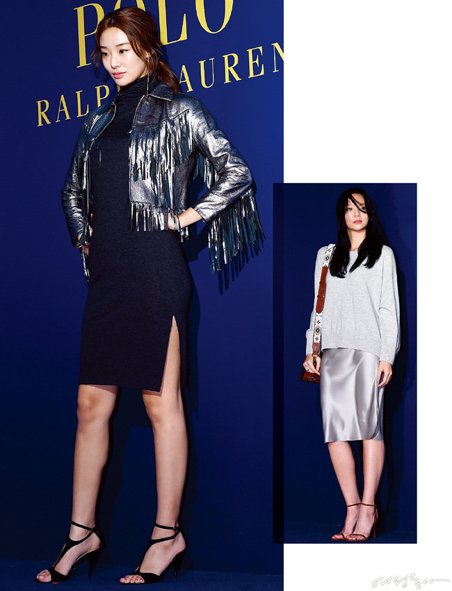 (왼)찰랑이는 메탈릭 재킷 때문인지, 스테파니 리가 등장하자마자 가로수길이 번쩍였다.  (오)이번 시즌 역시 스타들의 잠옷 사랑은 지속되고 있다. 이솜처럼 실키한 슬립 드레스에 품이 큰 니트만 걸쳐도 트렌디하다.