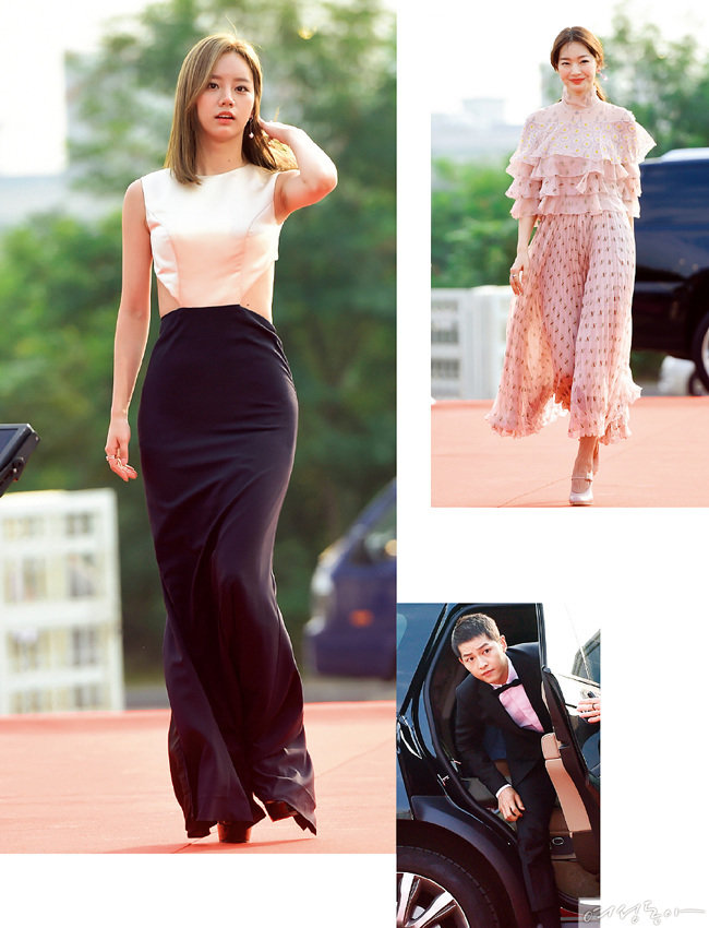 풋풋한 소녀 이미지를 벗어던진 혜리. 파격적인 백리스 드레스로 남성 팬들의 시선을 한눈에 사로잡았다.신민아는 살랑거리는 핑크 시폰 드레스로 고전적인 시상식 드레스에 대한 편견을 깼다. 몸에 딱 맞는 클래식한 슈트 차림에 나비넥타이와 로퍼를 신은 송중기는 젠틀맨 그 자체였다.(왼쪾부터 시계방향)