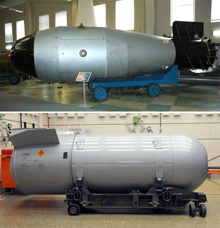 역사상 가장 강력한 수소폭탄으로 꼽히는 러시아의 ‘차르 봄바’(위쪽)와 2010년까지 현역으로 활동한 미국의 수소폭탄 B53(아래쪽)의 모습. 차르 봄바는 1945년 일본 히로시마에 투하한 핵폭탄 ‘리틀 보이’보다 무려 3800배 강력하다. 위키피디아 제공