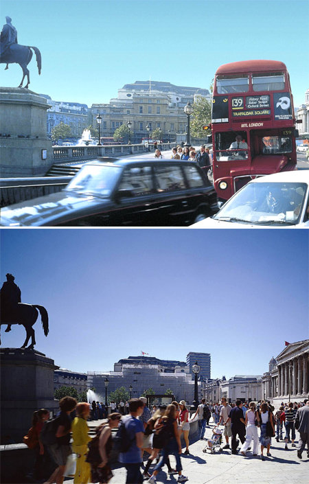 영국 런던 시가 트래펄가 광장 북쪽의 도로를 차로에서 보행로로 바꾸기 전(위쪽 사진)과 바꾼 후의 모습. 사방이 차로로 막힌 ‘섬’이었던 광장이 보행로로 연결되면서 런던의 명소로 떠올랐다. 포스터앤파트너스 제공