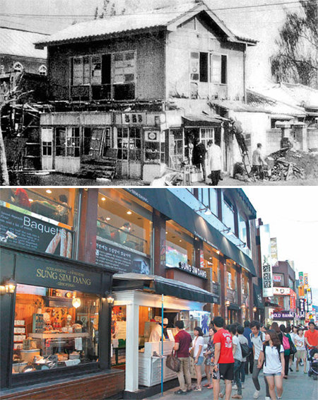 1956년 대전역 앞에서 3평짜리 허름한 찐빵가게로 출발한 성심당의 당시 모습(위)과 현재의 대전 중구 은행동 본점 모습. 성심당 제공
