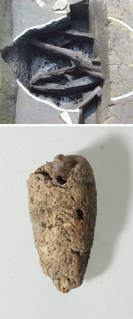 비봉리 유적에서 발견된 ‘도토리 저장 구덩이’(위쪽사진)와 ‘똥 화석’.
