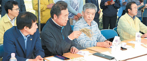 이낙연 전남도지사(왼쪽에서 두 번째)가 17일 전남 고흥군 고흥만간척지에서 박병종 군수(왼쪽 세 번째)로부터 심각한 벼 수발아 피해 상황을 전해 듣고 있다. 고흥군은 수발아 피해가 나타난 벼 75%가 밥쌀용으로 부적합해 별도로 매입 관리해야 하는 이중고를 겪고 있다고 밝혔다. 고흥군 제공