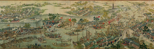 18세기 중국의 서양이 그린 ‘고소번화도’. 청나라 당시 쑤저우의 실제 풍경을 그렸다. 12m 너비의 작품에 총 4800여 명의 인물이 등장한다. 국립중앙박물관 제공