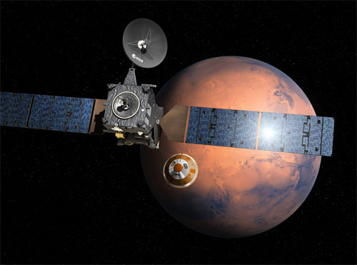 16일 화성 궤도에 진입한 유럽우주국(ESA) 무인 화성탐사선 ‘엑소마스(EXoMars)’ 상상도. ESA 제공