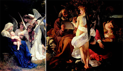 부게로의 ‘천사의 노래’(1881년·왼쪽)와 카라바조의 ‘이집트 피신 길의 휴식’(1597년). 저자는 두 그림 속 천사의 나이와 성별을 비교해 기술했다. 윌컴퍼니 제공