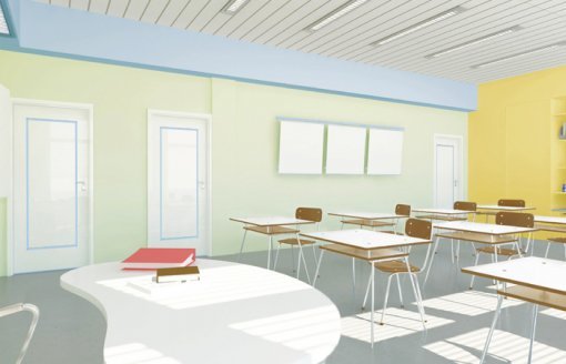 파스텔톤 컬러로 차분하고 안정된 공간을 연출한 초등학교 교실