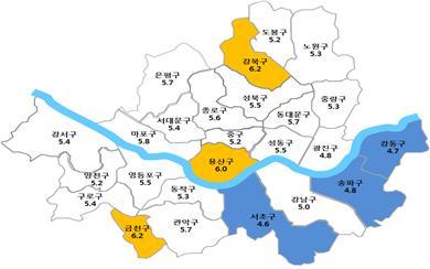 `16년 3분기 자치구별 전월세 전환율(%),자료:서울시