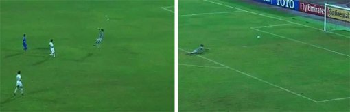 북한 16세 이하 축구대표팀의 골키퍼 장백호(오른쪽)가 9월 인도에서 열린 우즈베키스탄과의 2016 아시아축구연맹(AFC) 16세 이하 챔피언십 경기에서 상대 골킥을 막으려다 공의 낙하지점을 놓치고 있다(왼쪽 사진). 장백
호는 골대로 굴러 들어가는 공을 막을 수 있는 상황에서 두 차례나 넘어져 실점을 허용했다. 유튜브 화면 캡처