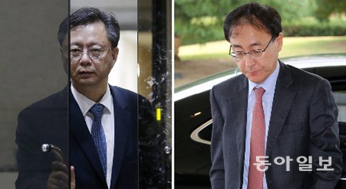 우병우에 깍듯한 檢?… 저자세 조사 논란 7일 새벽 검찰 조사를 받고 서울중앙지검을 나서는 우병우 전 대통령민정수석비서관(위쪽)과 이날 무거운 표정으로 대검찰청에 들어서는 김수남 검찰총장. 양회성 yohan@donga.com·전영한 기자