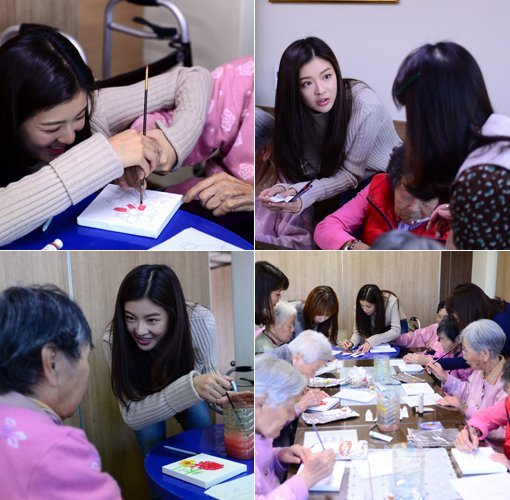 연기자 이선빈이 1일 인천 서구의 한 독거노인 시설을 방문해 화기애애한 분위기 속에서 봉사에 참여했다. 미술수업에 방해가 되지 않기 위해 모르는 내용에 대해서는 전문가들에게 수시로 물으면서도 할머니들과는 눈을 맞추며 마음으로 교감하고 있다. 김진환 기자 kwangshin00@donga.com