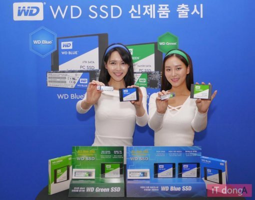 WD 블루 SSD와 그린 SSD를 소개하는 모델들(출처=IT동아)