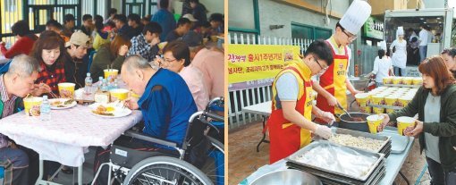 오뚜기 봉사단이 한국조리과학고와 함께 10월14일 광명장애인종합복지관에서 진행한 밥차 자원봉사활동 모습과 배식모습. 오뚜기 제공