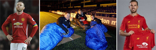 맨체스터 유나이티드의 웨인 루니가 28일 웨스트햄 유나이티드와의 잉글랜드 프리미어리그(EPL) 경기에서 주장 완장을 찬 모습(왼쪽). 에버턴의 23세 이하 팀 선수들은 노숙인 돕기 모금 활동을 알리기 위해 영하 4도의 날씨에 그라운드에서 하룻밤을 보냈다(가운데). 실명 퇴치 캠페인을 홍보하는 리버풀의 유니폼. AP 뉴시스·에버턴 트위터·리버풀 트위터
